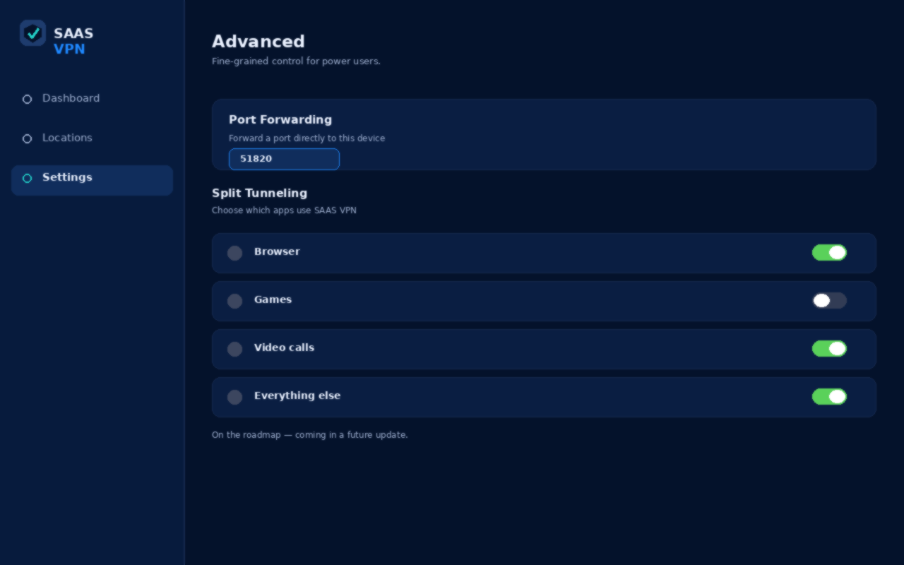 Port Forwarding and Split Tunneling settings screen